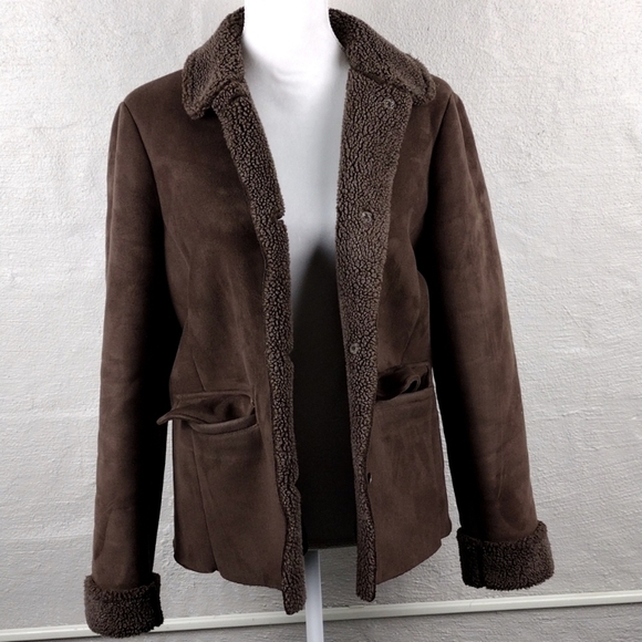 Lands' End Brown Faux Suede Leather Collared Button Up Long Sleeve Winter Coat - Picture 4 of 13